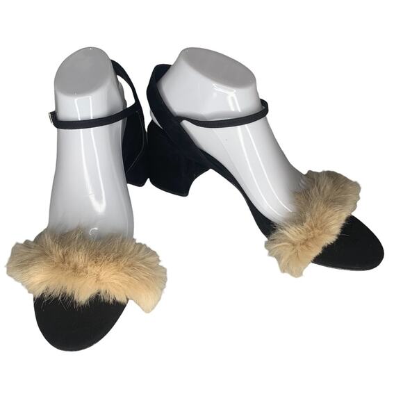 Zara faux fur vamp sandals size 10 (41) block heel 2.75" tall black and … - Picture 2 of 16
